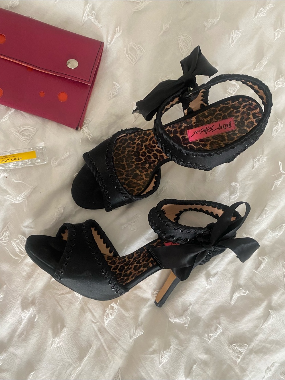 Betsey Johnson Black Satin Open-Toe Heels with Leopard Insole and Ribbon Tie